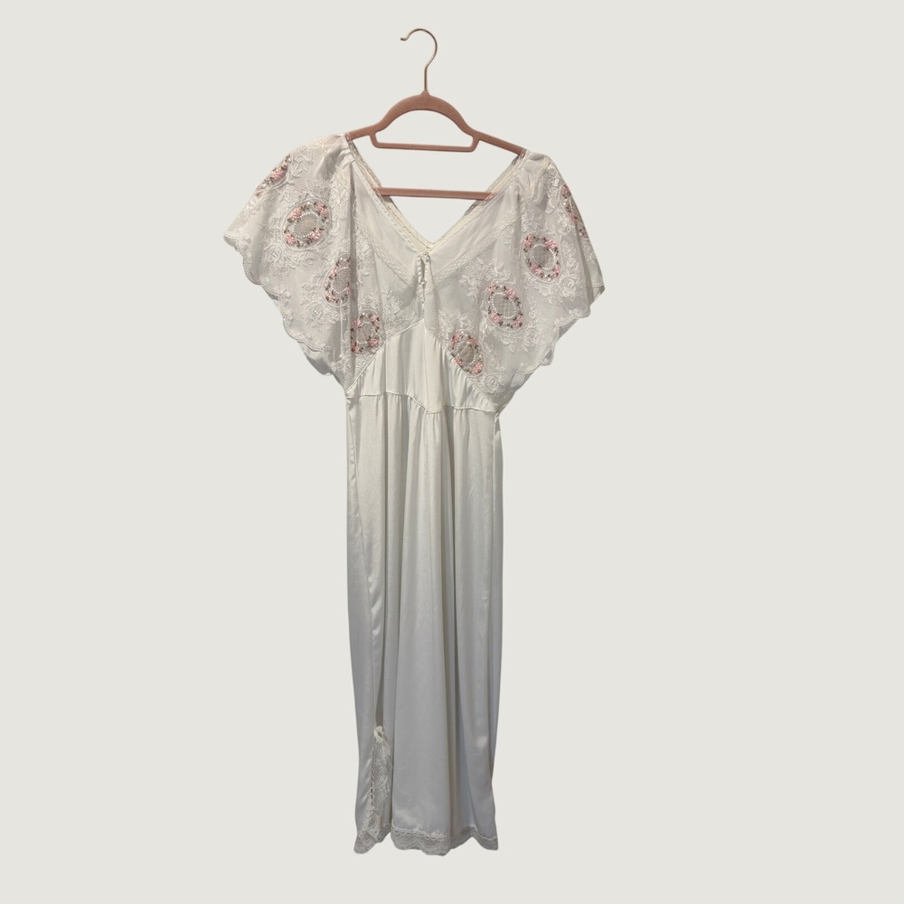 Vintage Marronnier Embroidered Lace Bridal Satin Maxi Nightgown